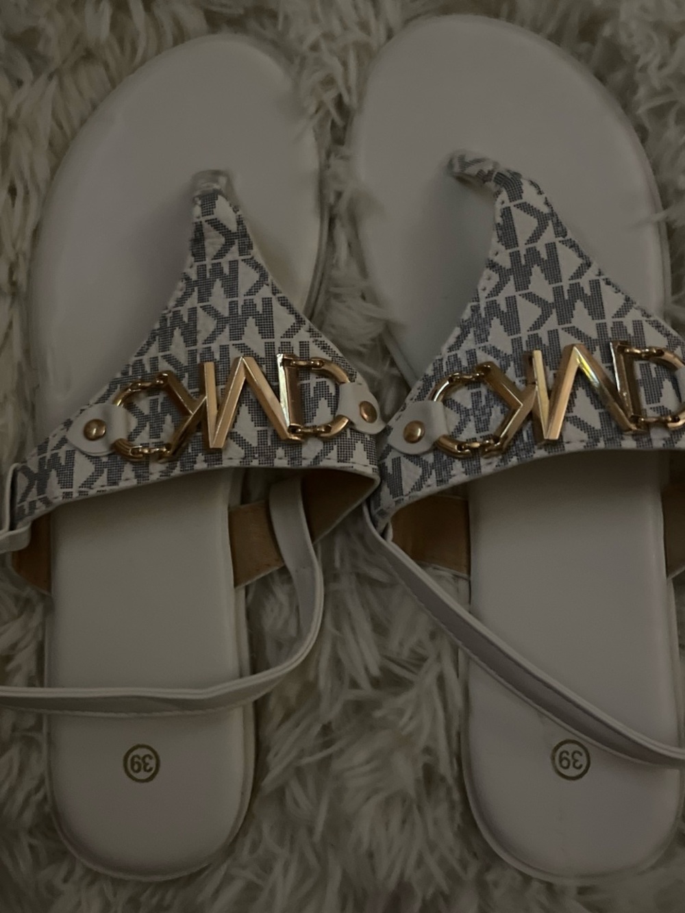 Michael Kors White Logo Thong Sandals with Gold MK Accent